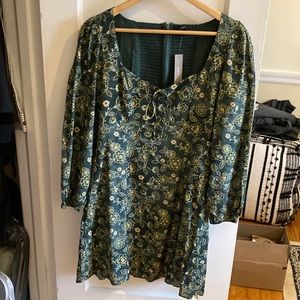 NWT J. Crew green floral sweetheart neckline puff sleeve fit and flare dress